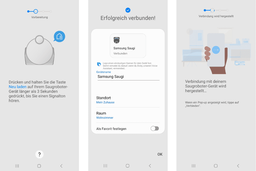 Der Einrichtungsprozess der SmartThings App für den Samsung Jet Bot AI ist zu sehen.
